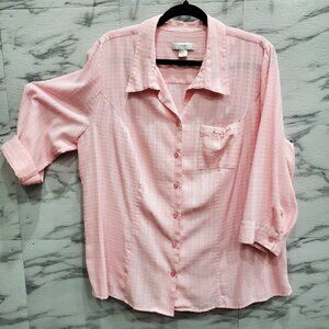 CJ Banks Button Up Shirt Women Plus Size 1X Pink Textured Pocket Accent Slits